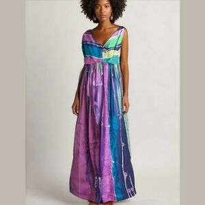 Vintage 70s Silk Batik Maxi Dress Blue And Purple size small Wedding Guest Party